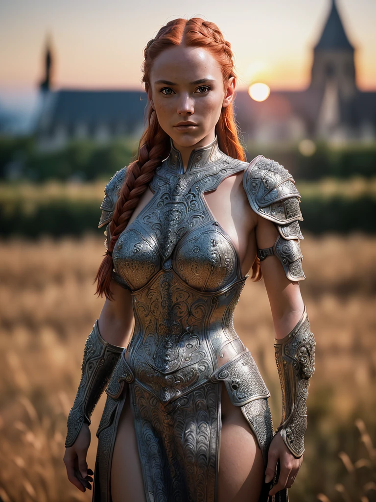 (masterpiece), (extremely intricate:1.3), (realistic), nude portrait of a girl, the most beautiful in the world, (topless), (medieval armor), Dutch braided red hair, metal reflections, upper body, outdoors, intense sunlight, far away castle, professional photograph of a stunning woman detailed, sharp focus, dramatic, looking at camera, award winning, cinematic lighting, octane render unreal engine,  volumetrics dtx, (film grain, blurry background, blurry foreground, bokeh, depth of field, sunset, motion blur:1.3), chainmail