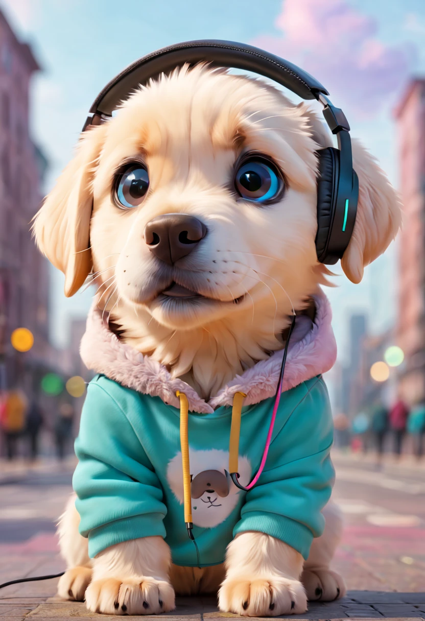 Cute Labrador puppy dog with fluffy fur wearing one hoodie and headphones, city background is blurred, Adorable Digital Painting, 3d rendered, Bright lighting, Vibrant colors,