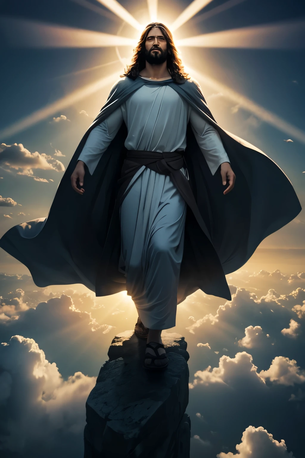 a Jesus Christ Emerging from the sky with many clouds and rays