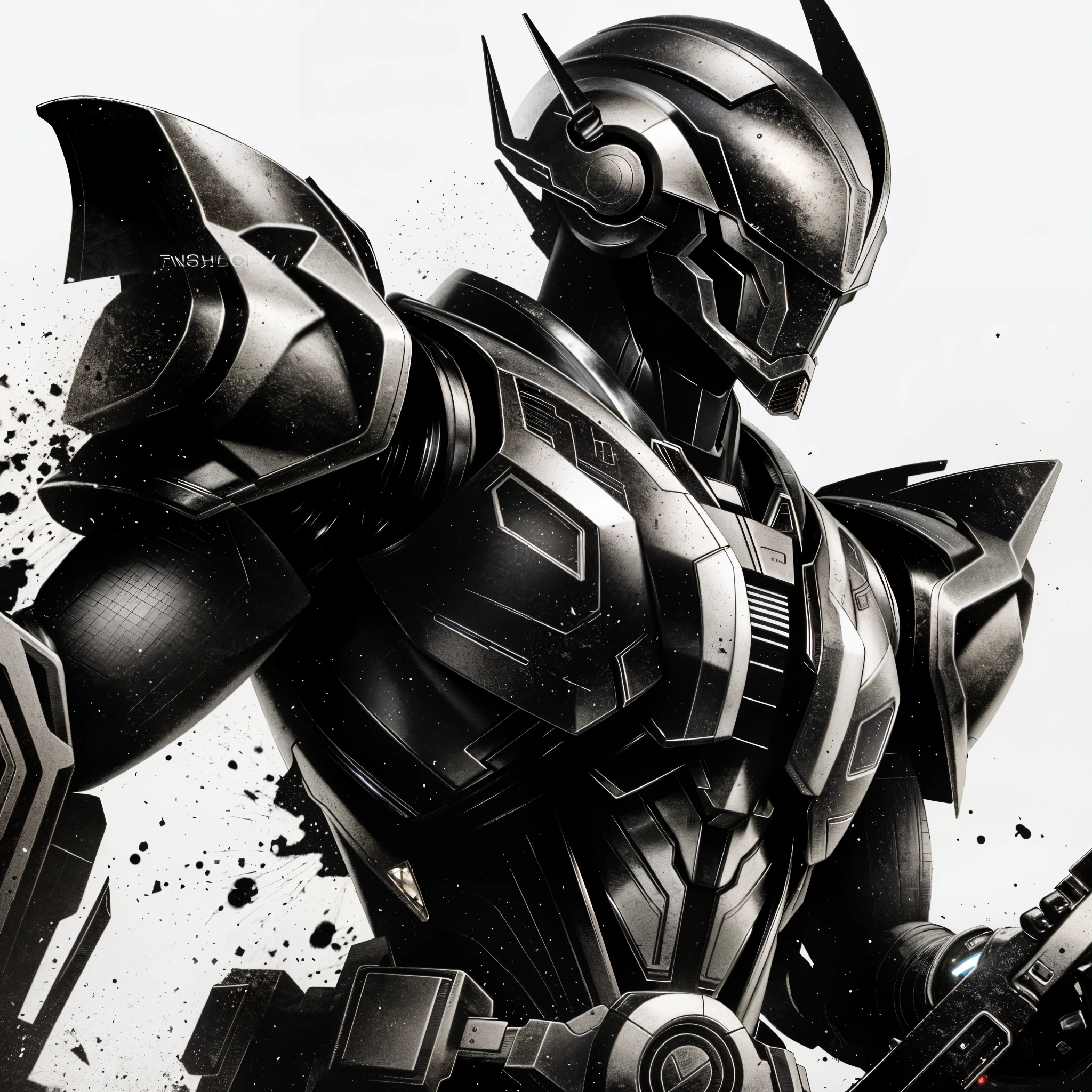 Close-up of a man holding a gun, Guyver style, HD artwork, HD wallpapers, inspired by Raymond Swanland, High quality wallpaper, High quality HD digital art, amazing wallpapers, Mecha aesthetics, raymond swanland style, mechasuit, Yoji Shinkawa, Guyver, Black color mecha, Mecha Art