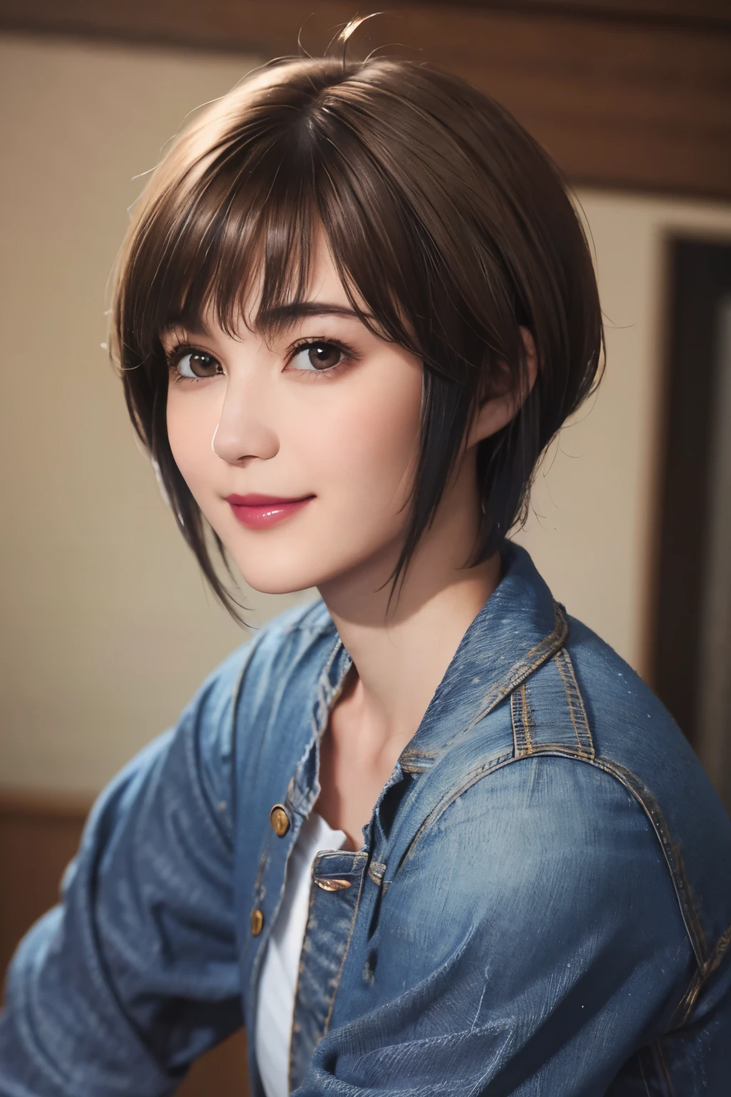 150
(20 year old woman,jeans), (Super realistic), (high resolution), ((beautiful hairstyle 46)), ((short hair:1.46)), (gentle smile), (brest:1.1), (lipstick)