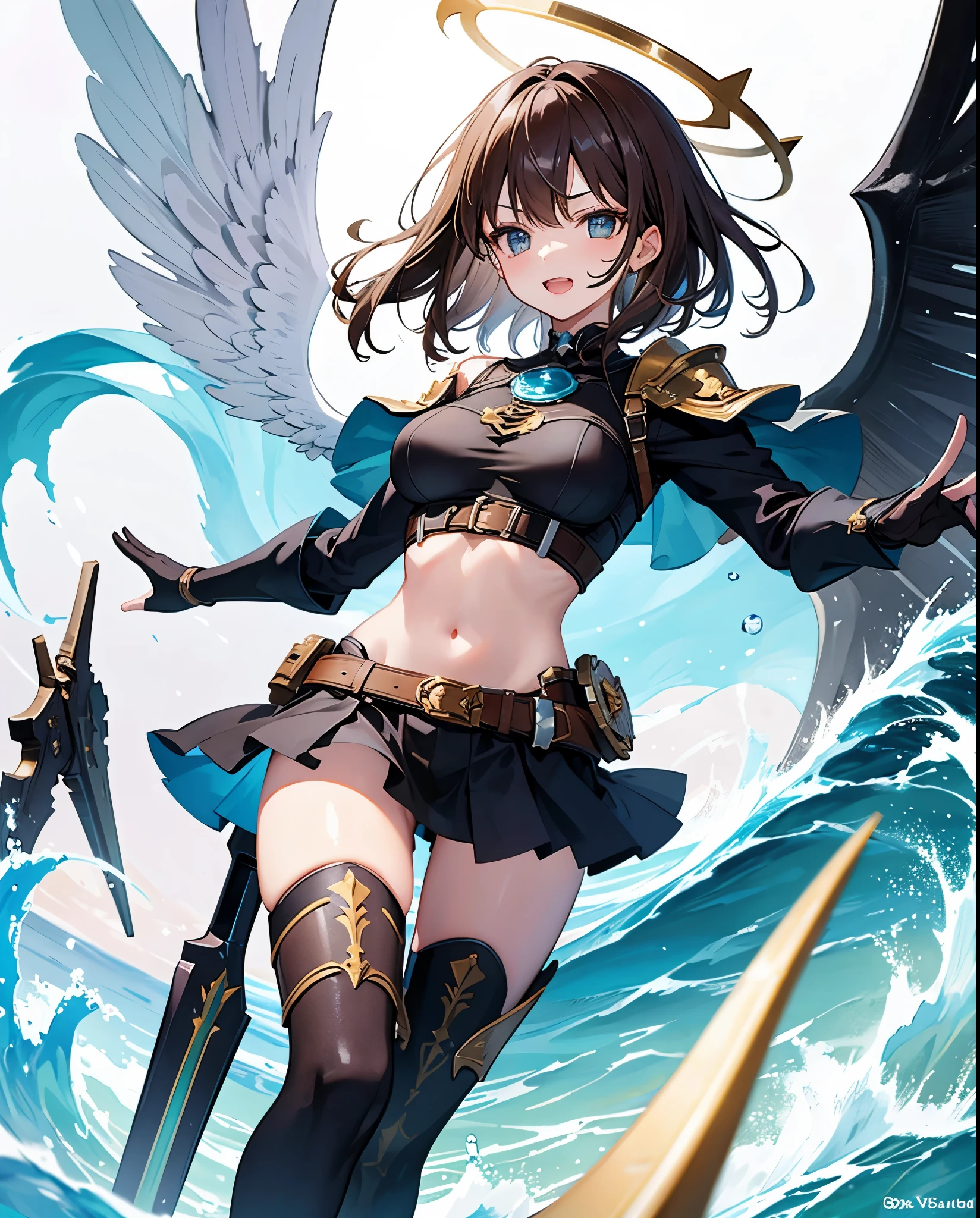 fantasy, 1angel_girl,, ,brown_hair, medium_bob_hair, long_bangs, halo,bare_shoulder,thighhighs,silver_armor, waist_armor, large_breasts,angry,grinning,open_mouth_teeth, 1pair_wings, dynamic_pose_fighting,floating, bare_crotch, headgear,gauntlet, greaves,ocean_sky_background,slightly_spread_legs, solo, groin_naked,