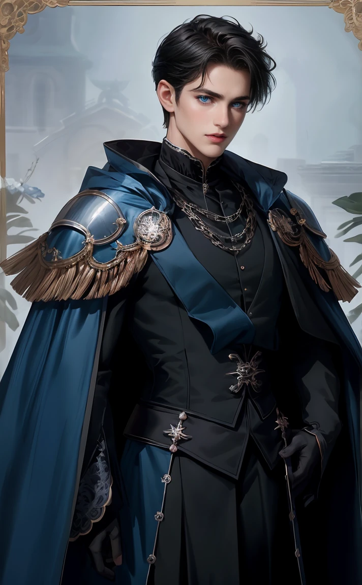 (masterpiece,highest quality,ultra_be familiar with,High resolution,disorganized) (be familiar with shadow) (High quality light),1 (mature) male, 30-ish, ((wide shoulders)) (muscle), male focus, alone, Short black quiff hair with soft fringe (Side 3 bangs:7 Ratio), blue eyes (be familiar with eyes), Upper body, short hair, looking at the viewer, parted lips, very big cloak,fantasy, Marine Suit (one shoulder cloak), noble, victorian era background (be familiar with background).