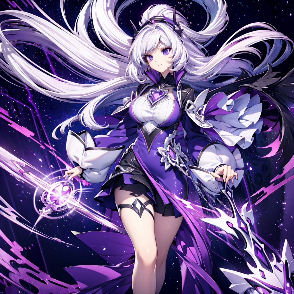 Magical girl with white hair and purple eyes,Wearing a dark purple tight gelcoat,huge ,Controlling the deep purple dark energy