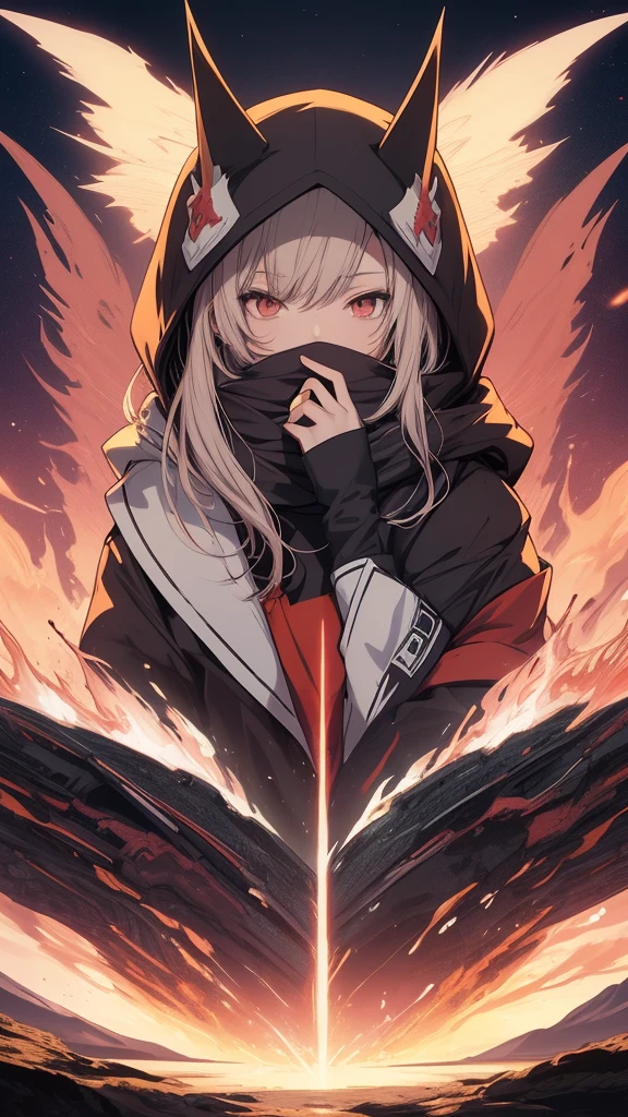 (wide angle), (body shot 1.5), anime girl with a hood and covering her mouth with a scarf, arcueid \(coat\), anime graphic illustration, anime art wallpaper 4k, anime art wallpaper 4 k, anime art wallpaper 8 k, anime style 4 k, detailed digital anime art, anime abstract art, anime style illustration, digital anime illustration, cute detailed digital art, anime style artwork, anime styled digital art, anime illustration, grimm dark colours