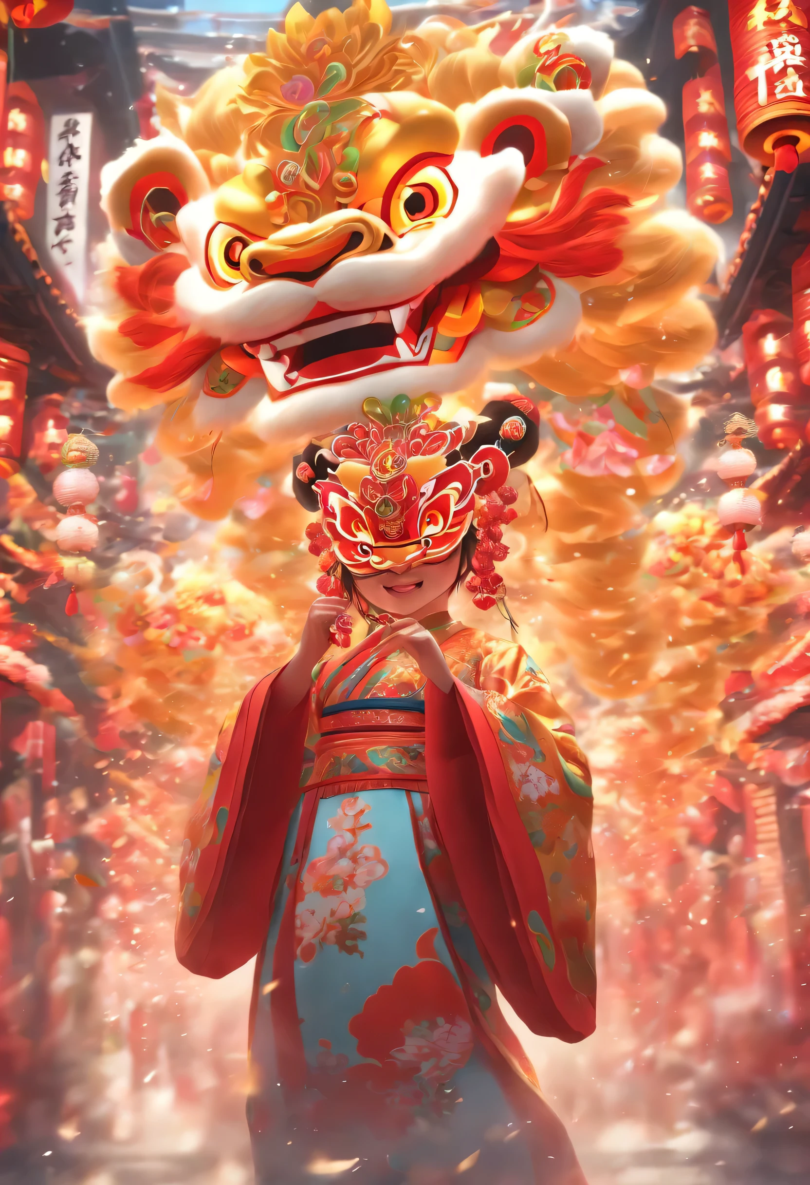 China-style，Guangzhou lion dance girl，eyes close, highly detailed surreal vfx，Smudge，Faraway view，super-fine，ultra - detailed，high qulity，8K ，oc rendered，full body pov, 