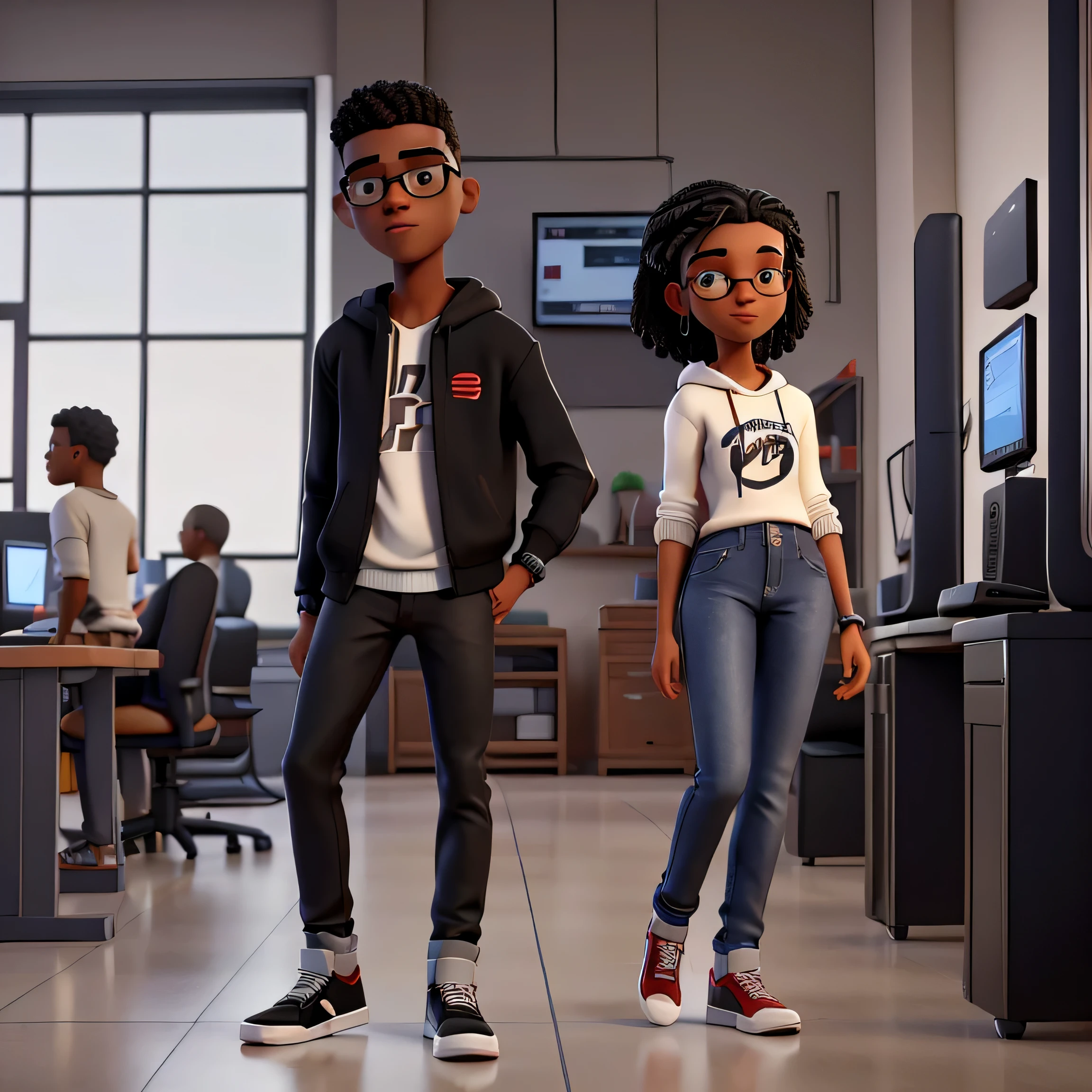 Descreva a cena de um jovem negro americano de sexo masculino com lentes e de cabelo cacheado com corte de cabelo estilo americano , vestindo um moletom preto e jeans e um Jordan 9 retro toro bravo vermelho , who finds himself in a technology laboratory programming on the computer next to his girlfriend 