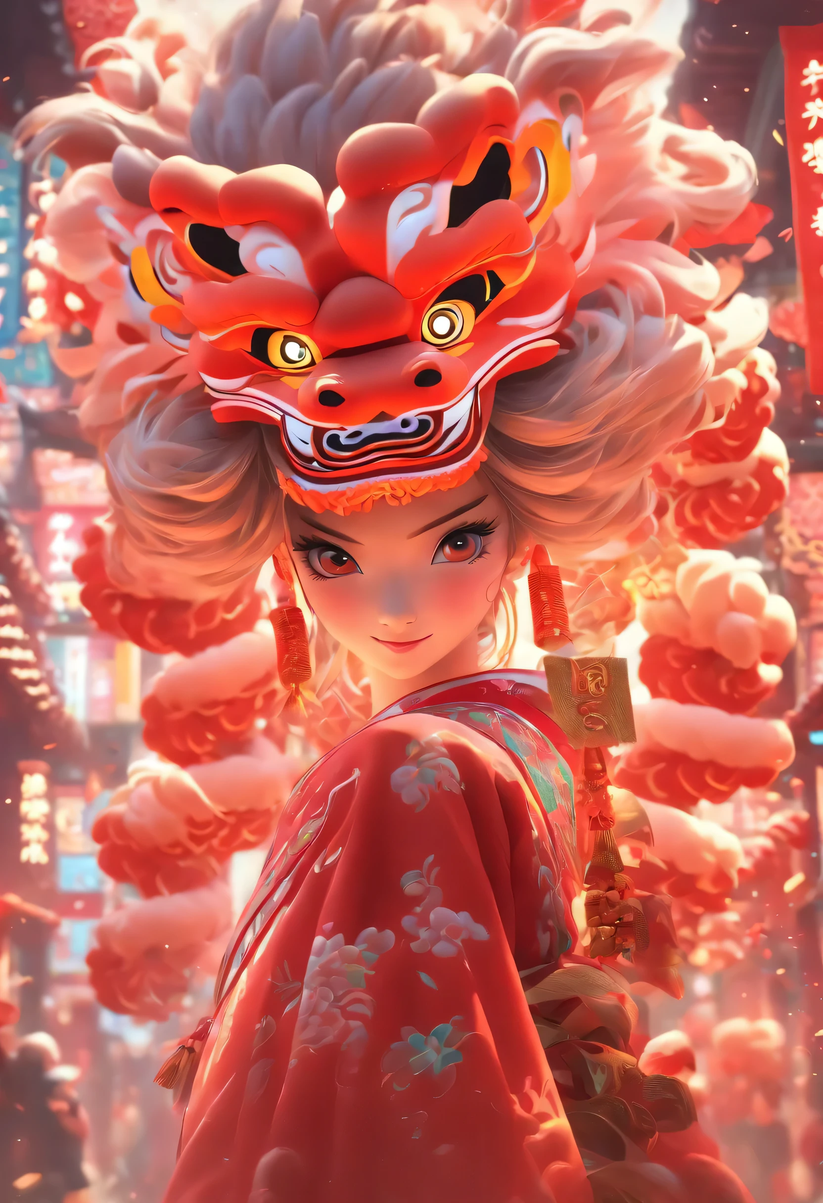 China-style，Guangzhou lion dance girl，eyes close, highly detailed surreal vfx，Smudge，Faraway view，super-fine，ultra - detailed，high qulity，8K ，oc rendered，full body pov, 