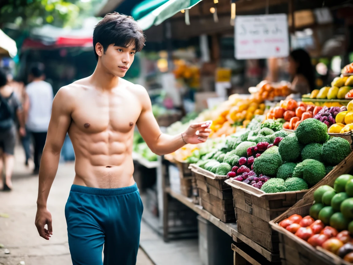 (best quality,4k,8ก,height,Masterpiece:1.2),Very detailed,(realistic,photorealistic,photo-realistic:1.37),Portrait,Thai is handsome and cute, 18 years old.,two boys,thin body, slim body model, No six pack,sexy men underwear,Walking with blue underwear in a Bangkok market park,ใบหน้าที่มีรายVery detailed,greenery,Clear blue sky,Light sunlight,There are vendors in the market in the blurry background.