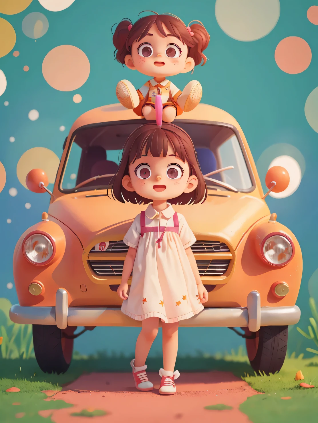 car,A preschool girl stands aside, 站在car边, (masterpiece: 1.2) (actual: 1.2) (Bokeh) (best quality) (delicate skin: 1.3) (intricate details) (8k) (exquisite eyes) (sharp focus), (happy)
