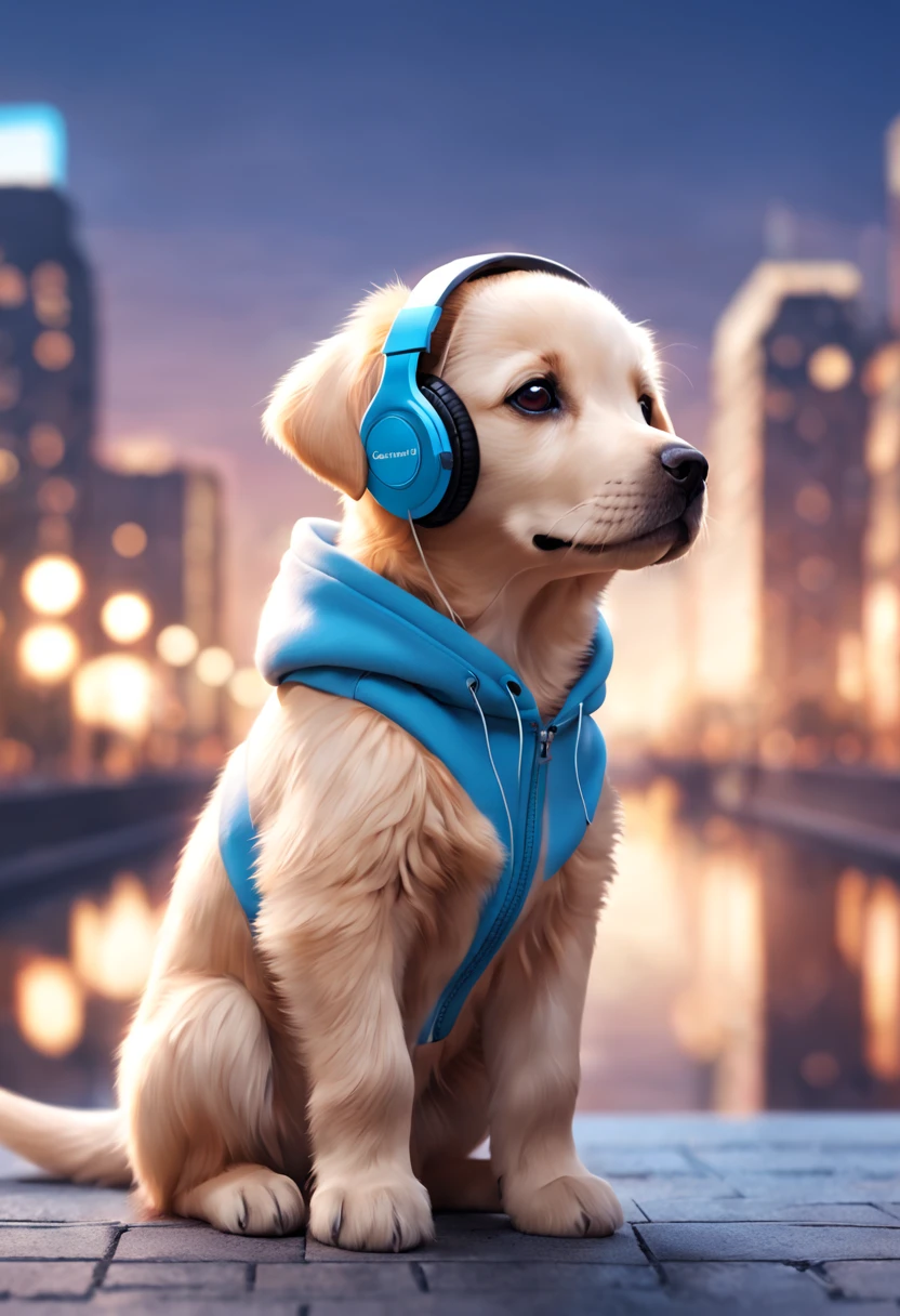 Cute Labrador puppy dog with fluffy fur wearing one hoodie and headphones, city background is blurred, Adorable Digital Painting, 3d rendered, Bright lighting, Vibrant colors,