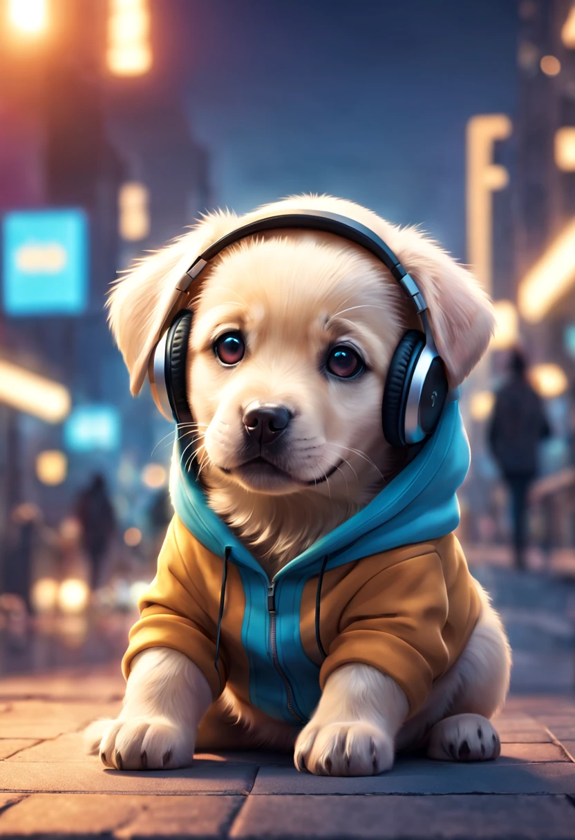 Cute Labrador puppy dog with fluffy fur wearing one hoodie and headphones, city background is blurred, Adorable Digital Painting, 3d rendered, Bright lighting, Vibrant colors,