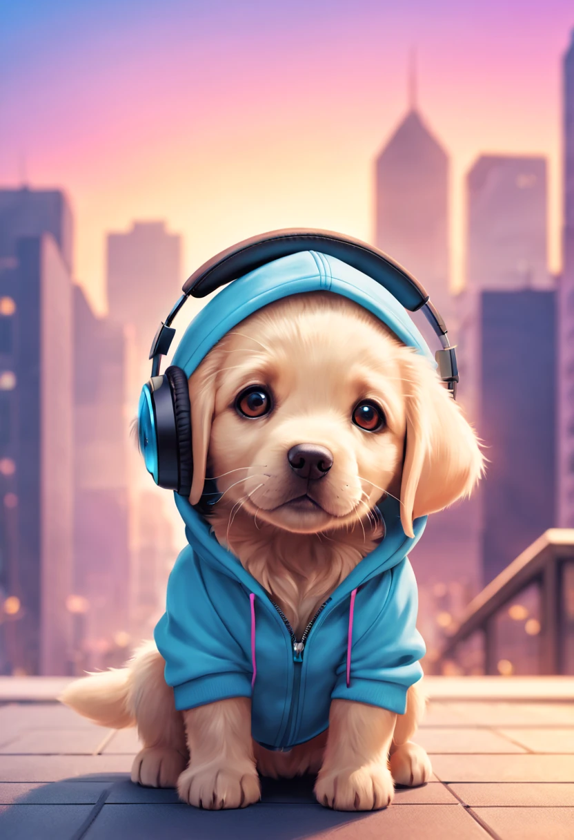 Cute Labrador puppy dog with fluffy fur wearing one hoodie and headphones, city background is blurred, Adorable Digital Painting, 3d rendered, Bright lighting, Vibrant colors,