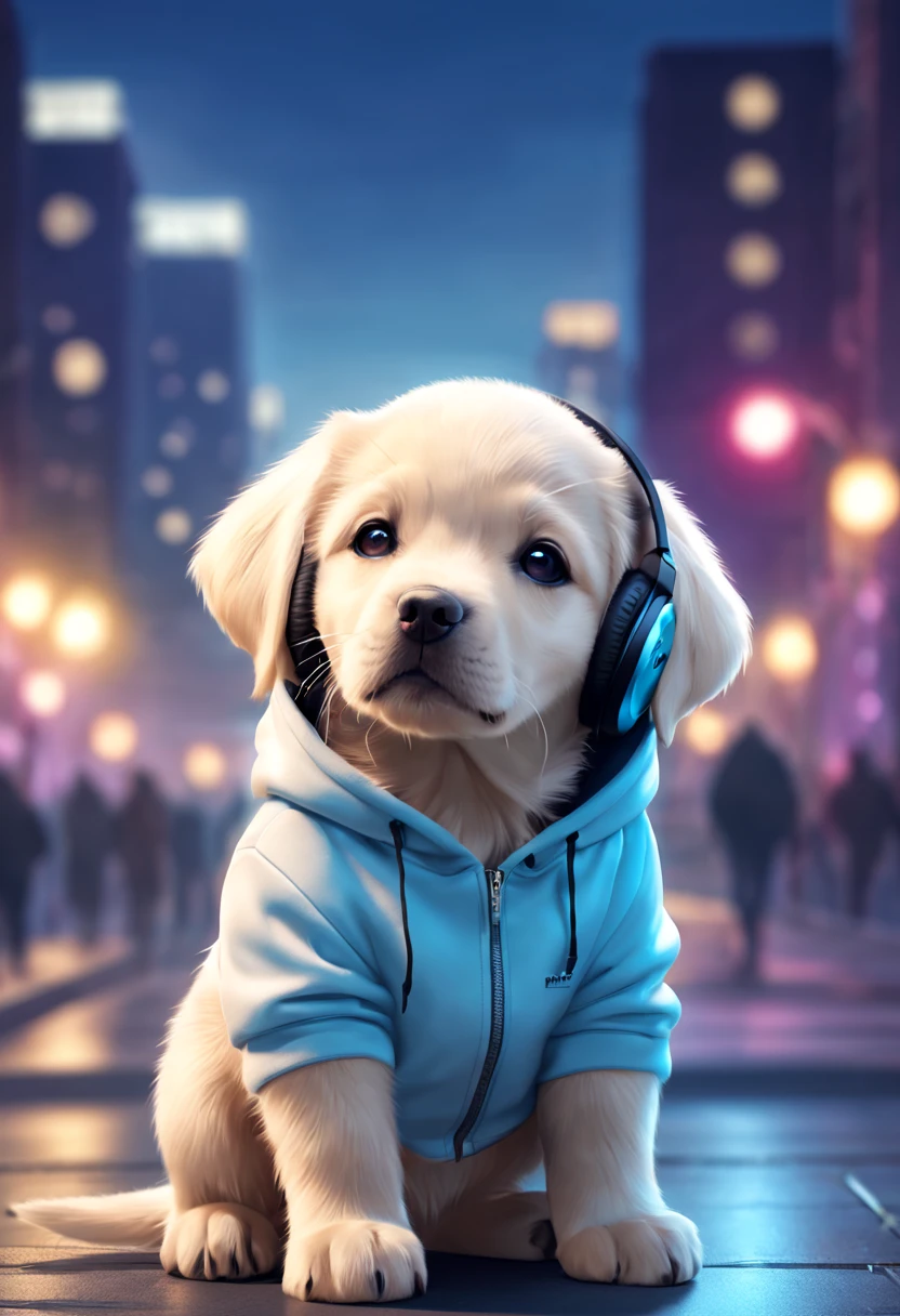 Cute Labrador puppy dog with fluffy fur wearing one hoodie and headphones, city background is blurred, Adorable Digital Painting, 3d rendered, Bright lighting, Vibrant colors,