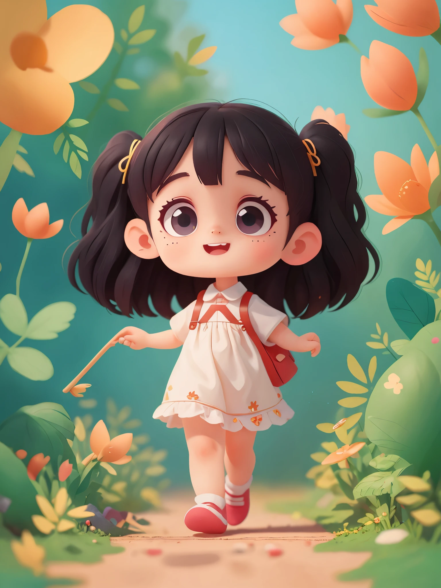 1 girl, preschool，black hair, Walk，Walk，nursery school, sunny, (masterpiece: 1.2) (actual: 1.2) (Bokeh) (best quality) (delicate skin: 1.3) (intricate details) (8k) (delicate eyes) (sharp focus), (happy)