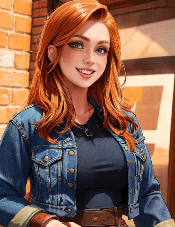 lara_loft, portrait, laughing, jeans jacket, freckles, (8k, RAW photo, best quality, masterpiece:1.2),ultra-detailed, (high detailed skin:1.2), 8k uhd, dslr, soft lighting, high quality, 