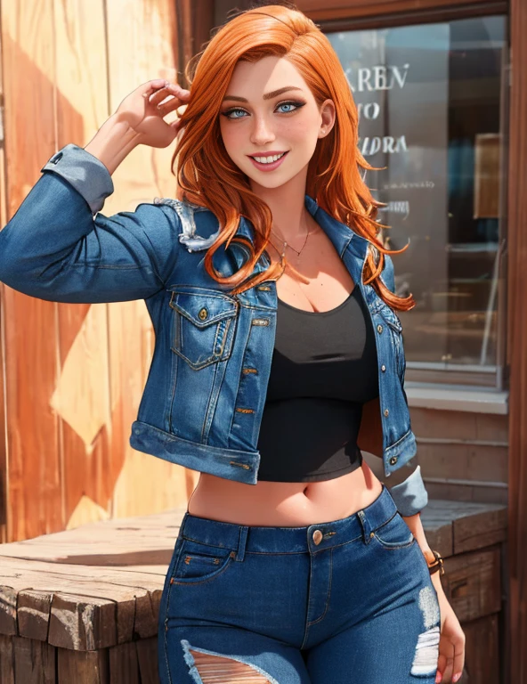 lara_loft, portrait, laughing, jeans jacket, freckles, (8k, RAW photo, best quality, masterpiece:1.2),ultra-detailed, (high detailed skin:1.2), 8k uhd, dslr, soft lighting, high quality, 