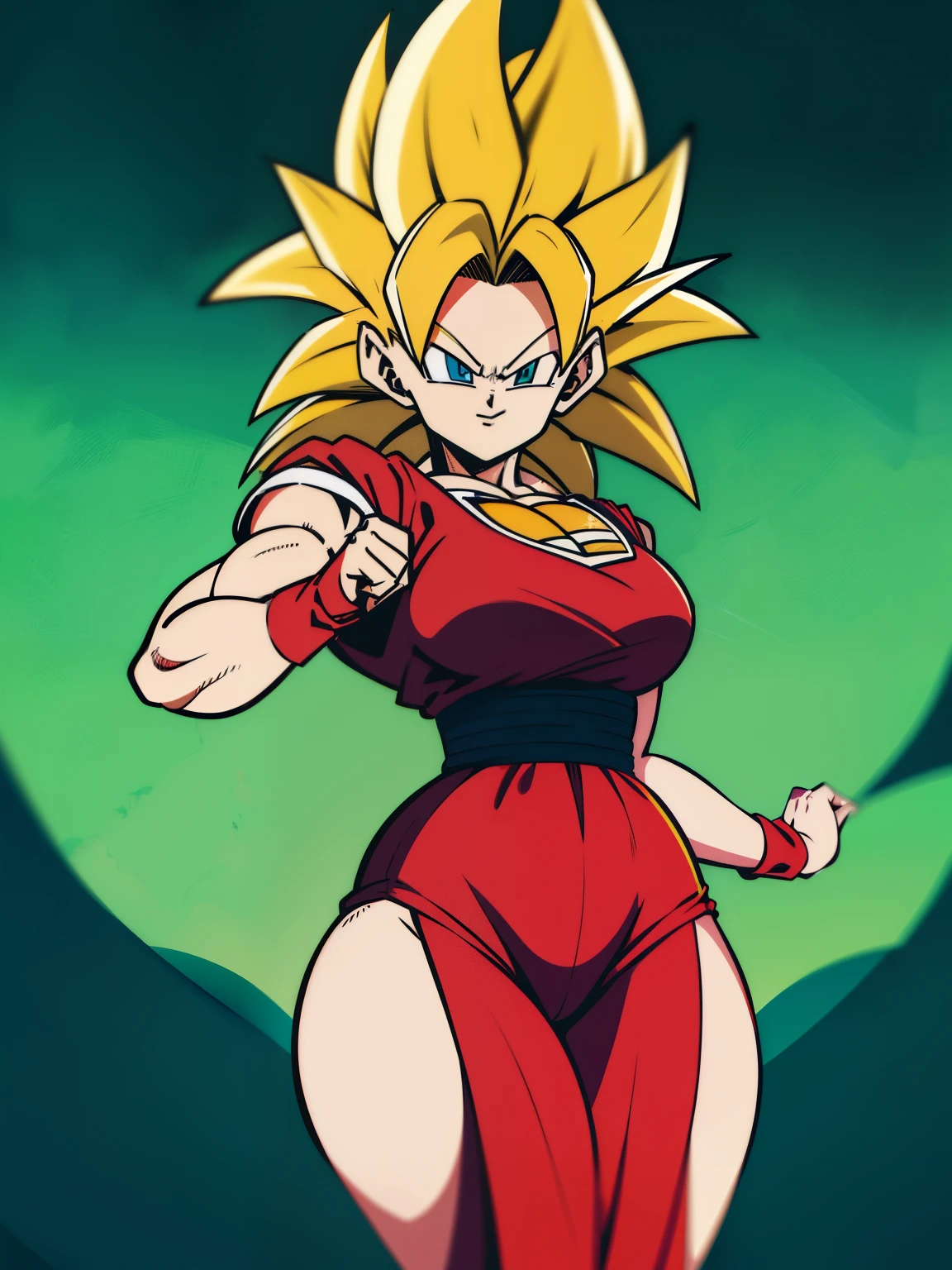 {((foto de corpo inteiro, flat feet, Corpo reto, Anime de Dragon Ball style))}, {((Laura/Female, seios grandes, extremamente bonito))}, {((she is using ultra super saiyan+Instinto Super Saiyajin vestindo fantasias de Son Goku+extremamente apertado em seu corpo))}. {Em um futurista}. {She has her clothes on and her body is extremely sweaty}; {(she is looking at the viewer, sorridente, punhos cerrados, concentrating magical aura in your hands, em uma pose de ataque frontal)}. Anime de Dragon Ball, alto detalhe, anime, 16k, Ultra HD, retina, retina, preciso, anatomicamente correto, Pele texturizada, super detalhe, alta qualidade, premiado