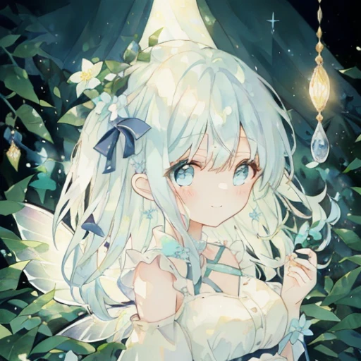 beautiful fairy girl in tiered colorful gradient ballgown dress, gradient sparkling ,A dress with lots of frills、 queen of the fairies, Huge white fairy wings、 Flowers and colorful plants, beautiful, masterpiece, highest quality、gradient hair, light blue hair, floating hair, wavy hair,fluffy hair、 very long hair, Hair ribbon at the back of the head, pastel wreath on head,clear light blue eyes, long eyelashes, pointed ears, light smile, bright pupils、bright light、magical forest、sky at night、Fairy Light、fairy magic、A gentle light drifts、corolla、chaplet