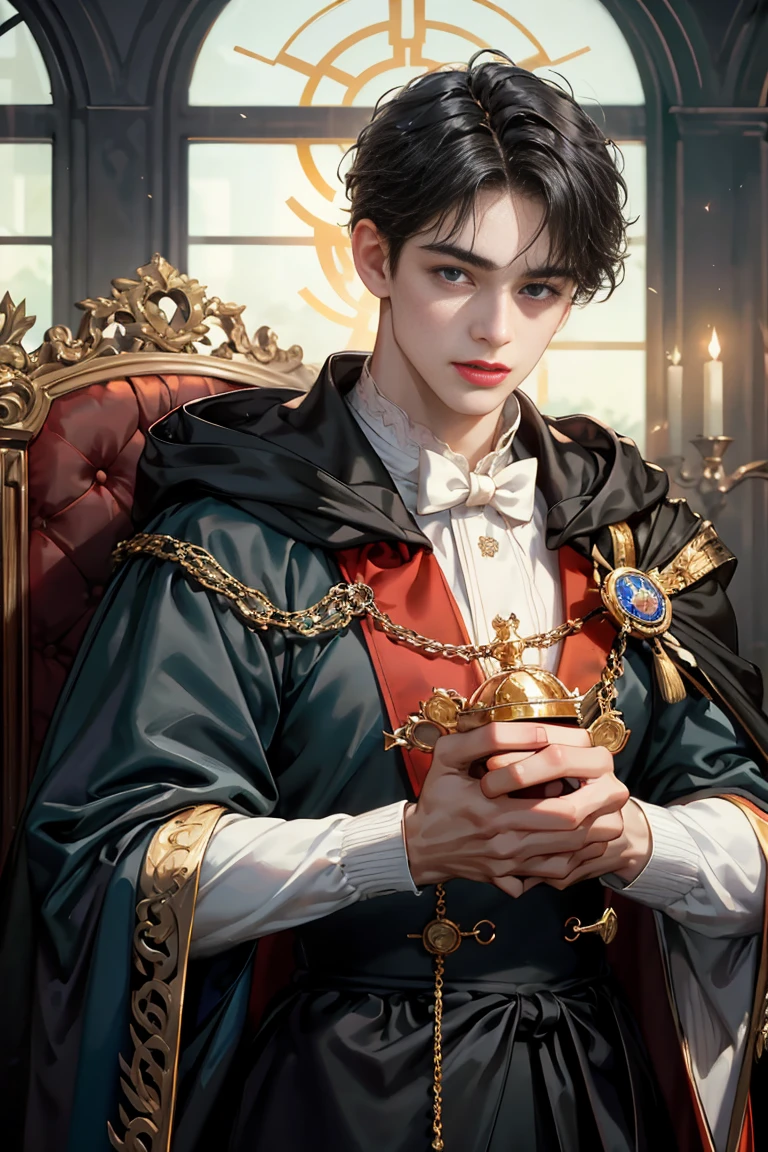 (absurdres, highres, ultra detailed), 1 male, adult, handsome, tall muscular guy, broad shoulders, intricate details, colorful, portrait, looking at viewer, solo, detailed background, close up, (high fantasy medieval theme:1.1), fortune teller, charlatan, smirk, foreboding, sitting at table, colorful fortune teller clothes, large earrings, horoscope, deck of cards, tarot cards, crystal ball, medieval (tent interior:1.1) background, tent curtains in background, dark mysterious lighting, shadows, magical atmosphere, starry night