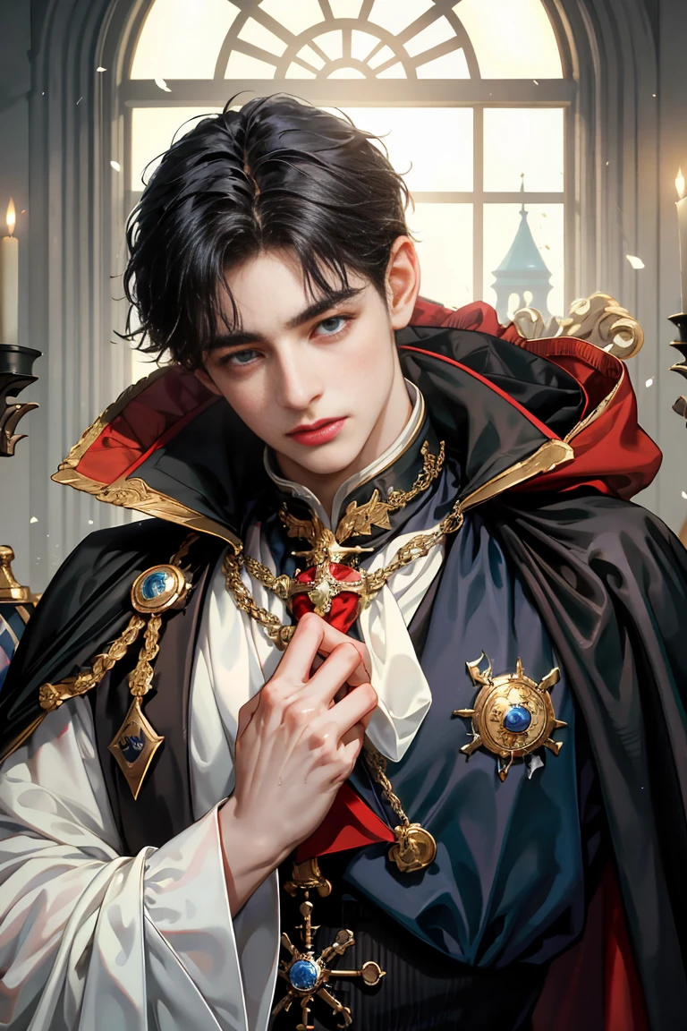 masterpiece, 最high quality, high quality, 1 boy, alone, male focus, looking at the viewer, Upper body, victory_destiny, messy black hair, blue adorable eyes, white people, Noble, historic, noble, noble的な, victorian、big red and black cloak, 20-year-old,beautiful boy