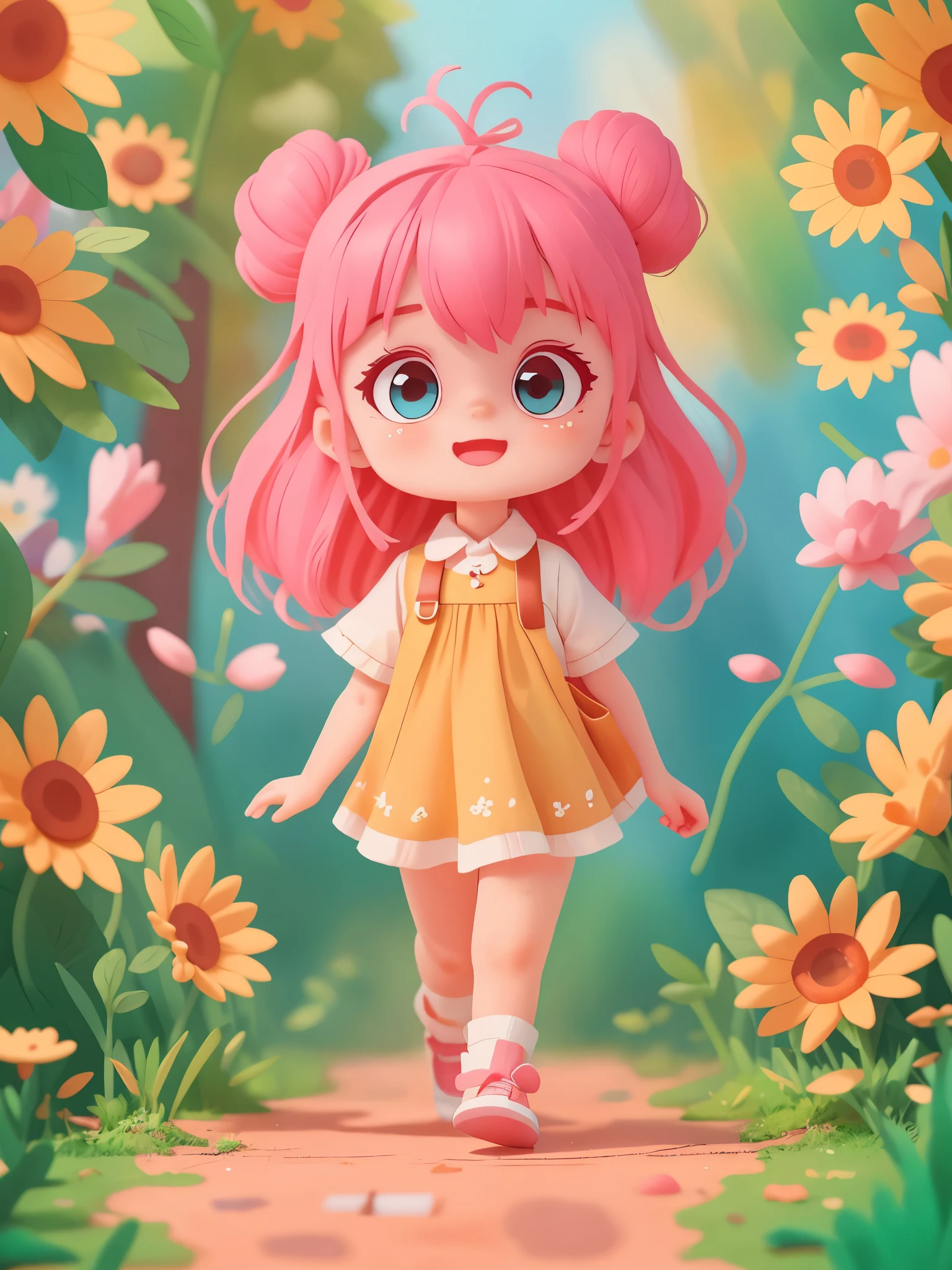 1 girl, preschool,pink hair, Walk,Walk,nursery school, sunny, (masterpiece: 1.2) (actual: 1.2) (Bokeh) (best quality) (delicate skin: 1.3) (intricate details) (8k) (delicate eyes) (sharp focus), (happy)