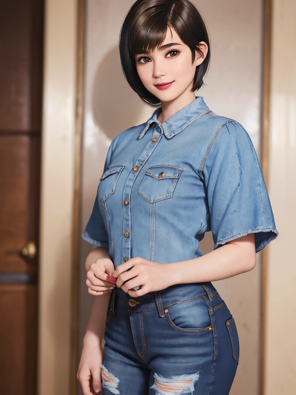 150
(20 year old woman,jeans), (Super realistic), (high resolution), ((beautiful hairstyle 46)), ((short hair:1.46)), (gentle smile), (brest:1.1), (lipstick)