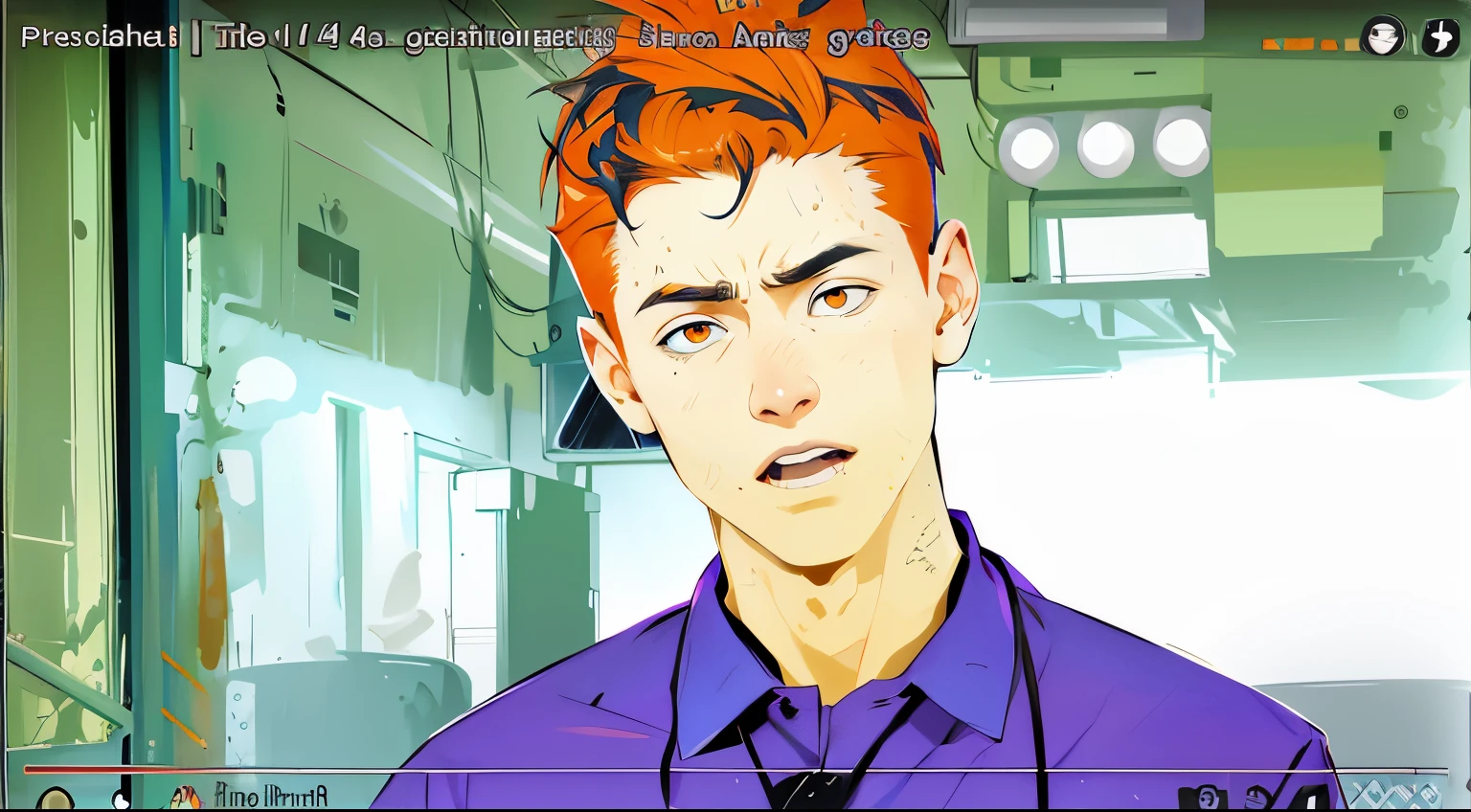 The young man is tender face orange hair orange eyes , esta hablando esta algo molesto grita