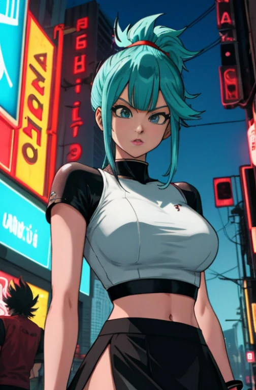 masterpiece, best quality, highres, dragon ball, blmmid, ((aqua hair)), medium hair, blunt bangs, red hair band, white shirt, black skirt, cowboy shot, in a Cyberpunk city, bustling with neon signs, standing, upper body, ((midriff)), ((sexy)), (large breasts), ass,