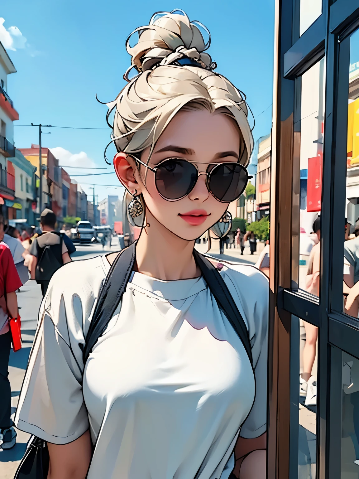 altamente detalhado, alta qualidade, obra de arte, 1 mulher, Caminhando pela rua, shopping bag in both hands, happy expression, cabelo castanho, tied in a messy bun, (Roupa casual: 1.1), camiseta branca, saia curta, salto alto, maquiagem leve, (silver cord: 1.2), sunglasses on head, segurando flores, Pessoas e vitrine em segundo plano, ao ar livre, dia ensolarado.