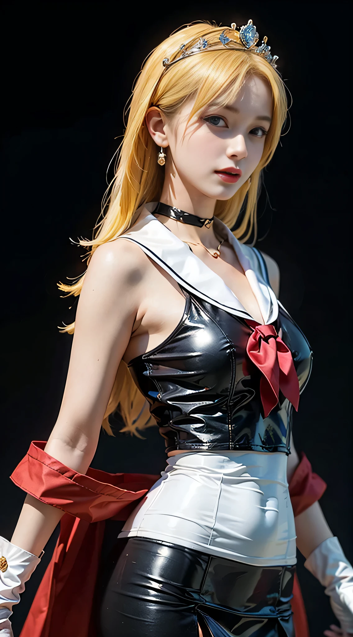 ((masterpiece:1.4)、(highest quality:1.4)、(realistic:1.7))、masterpiece:1.4、(Finest rendering:1.4)、beautiful girl、(beautiful girl戦士セーラームーン:1.4)、moon野うさぎ、body fit sexy sailor senshi uniform、(shiny latex)、(The jacket is a white sleeveless sailor uniform.....)、(Skirt Blue Sexy Ultra Ultra Pleated Mini Skirt)、There are two thin blue lines on the collar of the sailor uniform.................、high leg swimsuit、red cloth decoration on the chest、(wearing white gloves)、pretty girl、super beautiful、sharp focus、portrait photography:1.4、8K、realistic photo images:1.4、(perfect female body:1.4)、perfect proportions、(Upper body shot:1.4)、beautiful face、beautiful eyes、tight waist、(足が長くスタイルの良いbeautiful girl:1.4)、beautiful feet、(yellow hair:1.4)、(long hair:1.2)、beautiful breasts、big breasts:1.2、sexy ass、RAW photo、red lips、red high heels:1.4、choker:1.4、necklace:1.4、earrings:1.4、luxurious golden tiara:1.4、1 screen display、moon、universe、universe船、universeステーション、city of the future
