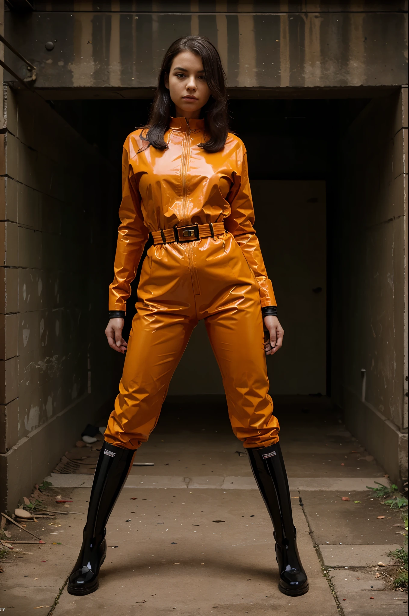 a girl handcuffed in a trial wearing an orange prison jumpsuit and green Hunter rubber boots, and long black latex gloves fullbody veiw