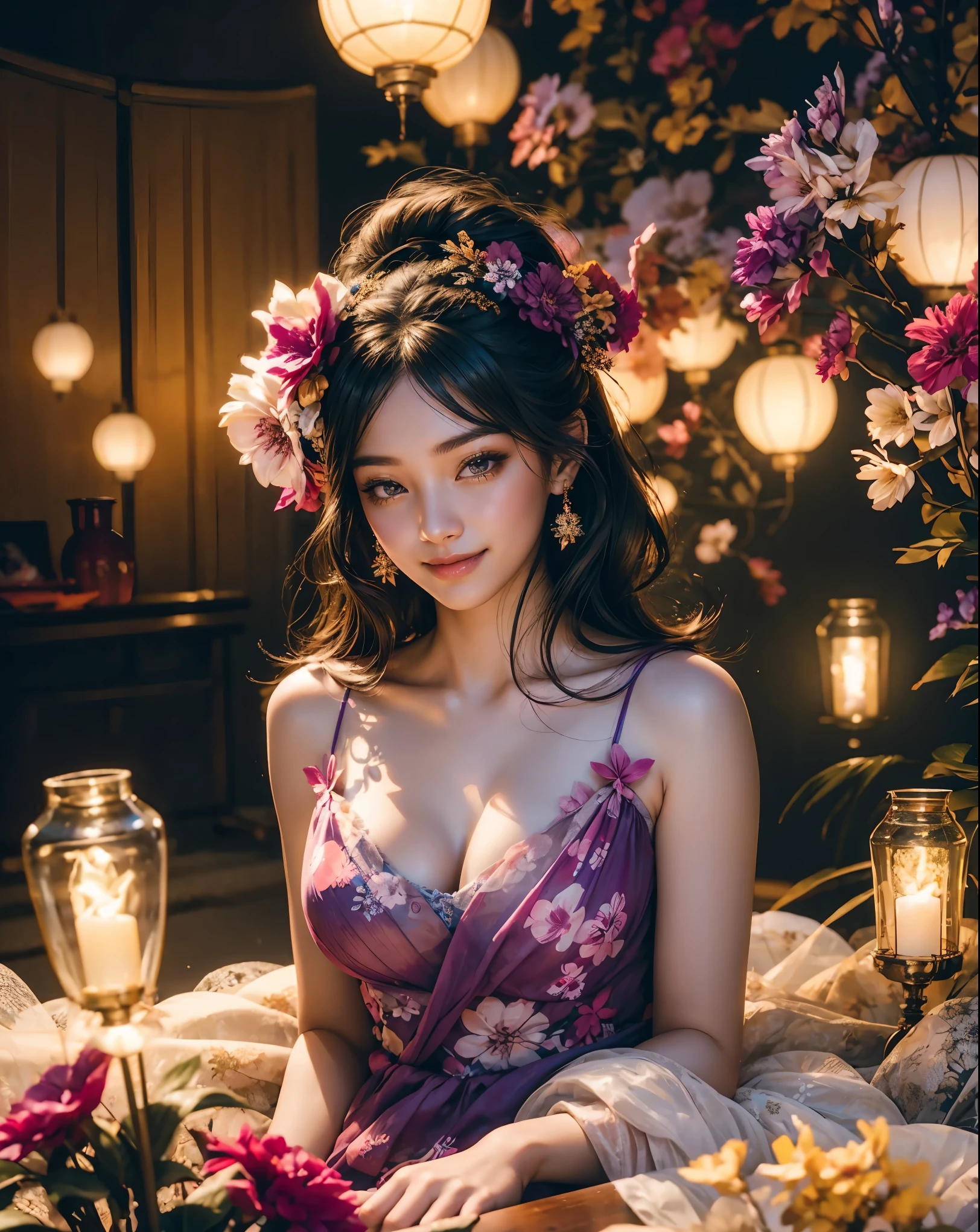 a woman sitting in a purple bikini standing in front of flowers, flower goddess, beautiful woman body, purple body, floral dream, flower background, huge flowers, queen of flowers, flower queen, a goddess in a field of flowers, with frozen flowers around her, woman frontal in a flower field, fit curvy physique, full body playboy set, floral background, with flowers in front of a window looking at a sky full of lanterns, with paper lanterns, girl under lantern, glowing paper lanterns, glowing lanterns, anime beautiful peace scene, golden fireflies lights, lanterns, kongming lanterns in the sky, floating lanterns, firefly lights, asian lanterns, colorful paper lanterns, dream scenery art, street lanterns are shining, Big huge breast, smily face, smile on face, cleavage