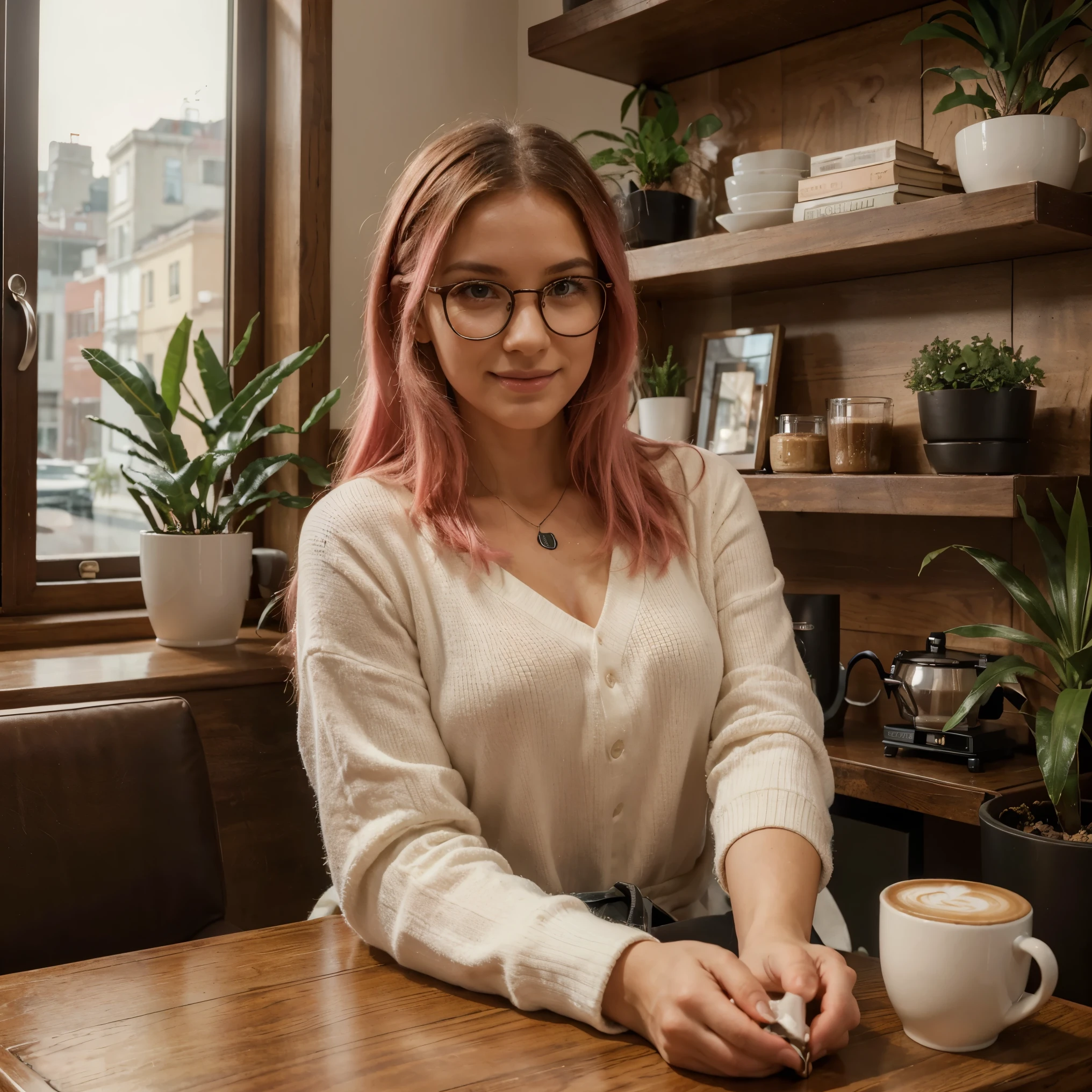 (ultra-detailed,realistic,photorealistic:1.37),(best quality,4k,8k,highres,masterpiece:1.2),portrait,cute,colorful,beautiful girl,rosa hair,pink hair,detailed eyes,wearing glasses,sitting in a cozy café,holding a cup of coffee,elegant outfit,smiling,relaxed atmosphere,soft lighting,vibrant colors,artistic background,subtle texture,modern interior,dark wooden furniture,lively plants on the windowsill,barista preparing coffee behind the counter,reflections on the coffee cup,sunlight streaming through the windows,cozy seating area,cosy atmosphere,bookshelf filled with books in the background,warm and inviting ambiance,indoor plants,neon sign on the wall,music playing in the background,calm and tranquil environment,peaceful mood.