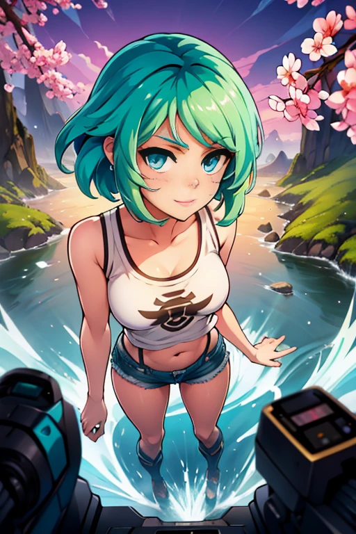 2d, masterpiece, best quality, anime, highly detailed face, highly detailed background, perfect lighting, lola, blue eyes, green_hair, cityscape, full_body, solo, solo focus, t-shirt, shorts, colorful auspicious clouds, sakura, leaf, tree, waterfall, acorn, soil, blurry_foreground, 1girl, day, painting, depth_of_field, blurry, (best quality), ((masterpiece)), cute anime girl, green hair, short hair, pink t-shirt, cutout above navel, blue denim shorts, black boots, forest, c(lean detailed faces), analogous colors, beautiful gradient, clean image, high quality, high detail, high definition, cute face, 4k resolution, full body, ultra sharp focus, extremely detailed eyes, blue eyes, detailed symmetric realistic face, extremely detailed natural texture, perfectly centered medium upper shot, nikon d850 film stock photograph, kodak portra 400 camera f1.6 lens, extremely detailed, amazing, fine detail, rich colors, one body, fully clothed, face, head in frame, body in frame, good proportions, smiling, android heroine, vivid color.digital 2d, anime manga robot! anime girl, fully robotic!! girl, nanogirlv 2, symphogear, fully robotic!!, mikudayo, masterpiece, best quality, reeds, lens flare, shade, bloom, official artwork