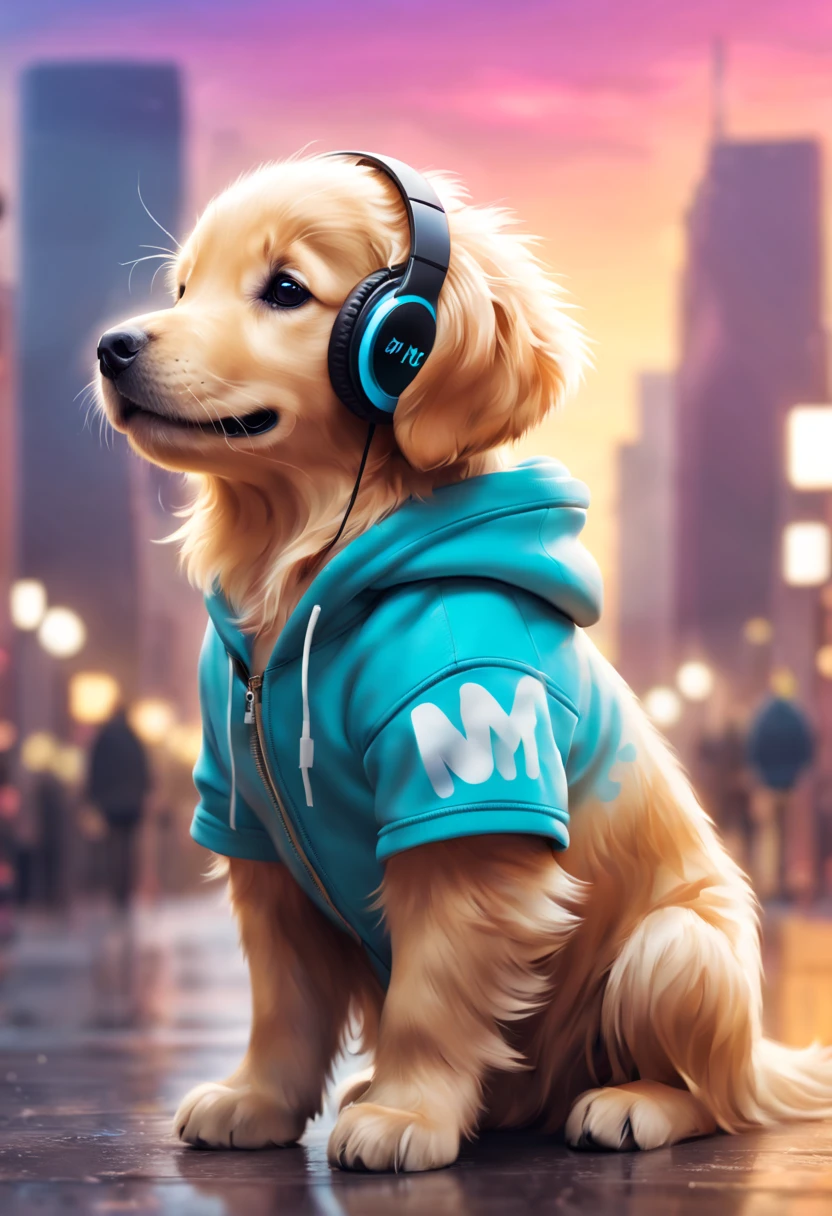 Cute Golden retriever puppy dog with fluffy fur wearing one hoodie and headphones, city background is blurred, Adorable Digital Painting, 3d rendered, Bright lighting, Vibrant colors,