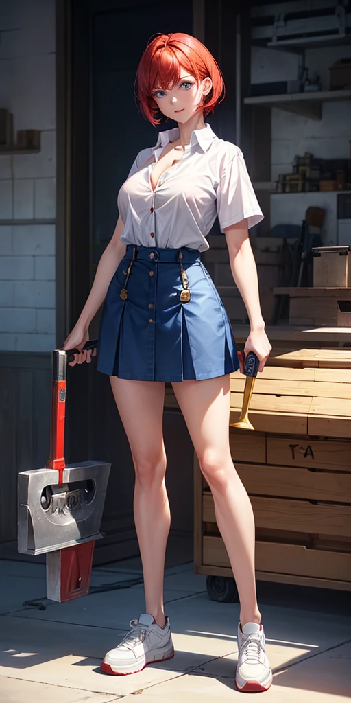 1girl, ((full body)), solo, white background, red hair, short hair, large breasts, button down shirt, ((white shirt)), ((unbuttoned shirt)), ((short sleeved shirt)), blue eyes, blue skirt, laugh, looking right, standng, golden necklate, ((holding a hammer and a toolbox)), sport shoe
