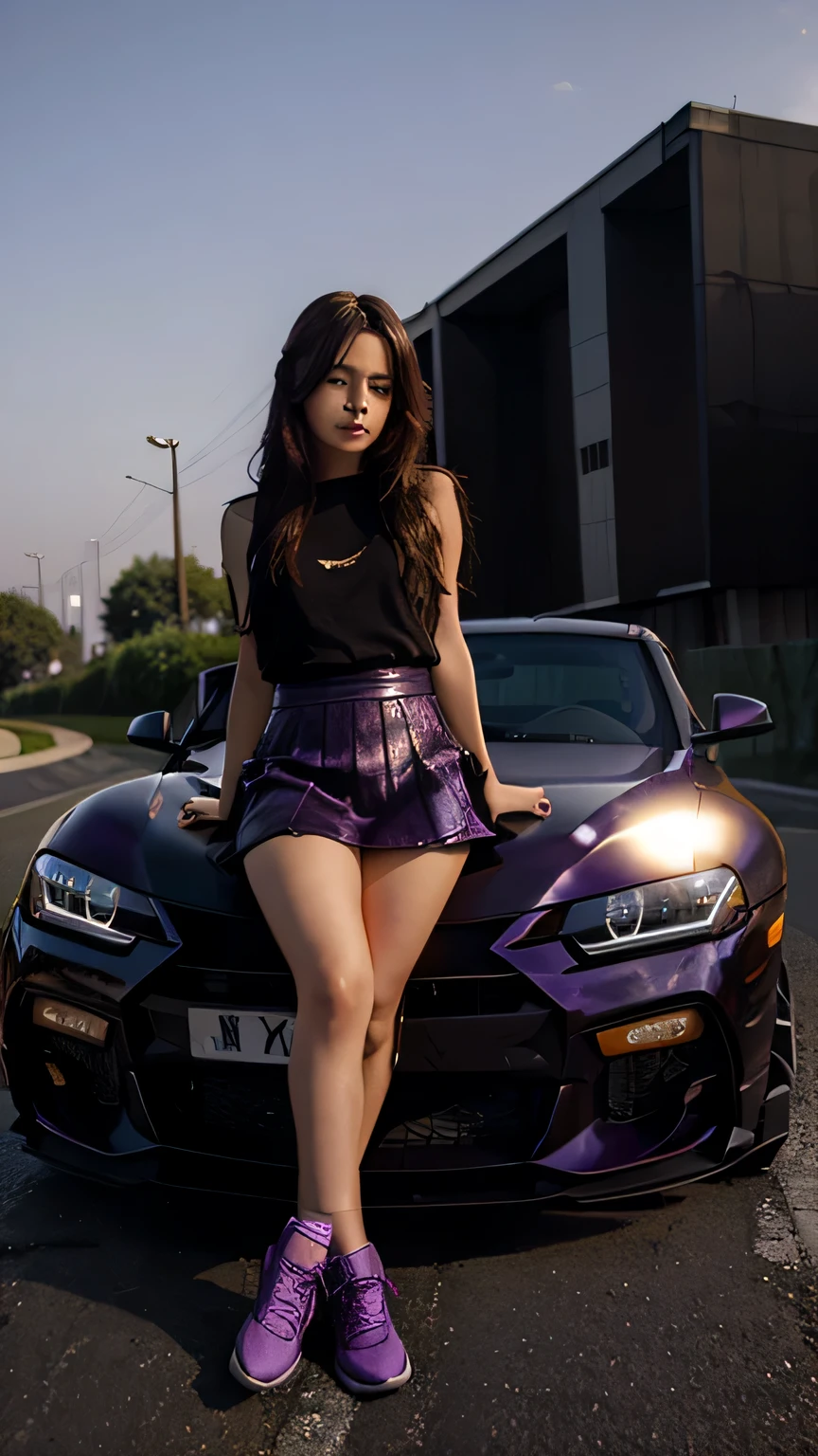 A black supra-MK4 in road with purple sun rising and a anime girl is on top of car