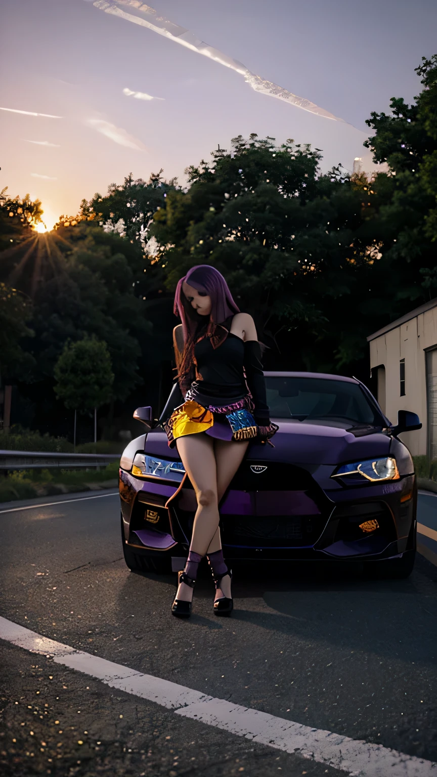A black supra-MK4 in road with purple sun rising and a anime girl is on top of car