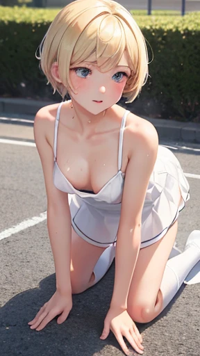 Very detailed image 8k European junior high school girl Beautiful girl Blonde Short hair Small  Beautiful legs Blushing Sweat outside Athletics Crawling  Composition seen  White skin White dress Turning her face to the camera Regretful expression Beautiful white skin on her back