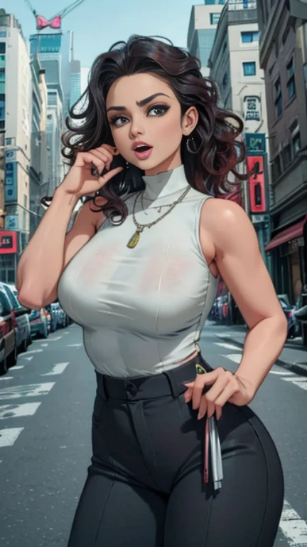 (masterpiece, best quality), beautiful woman, detailed sleeveless turtleneck top, pants, necklace, wavy hair, perfect face, beautiful face, alluring, big gorgeous eyes, open mouth, sexy look, perfect slim fit body, (outdoor), city streets, new york, bright colors, with dildo in her hand