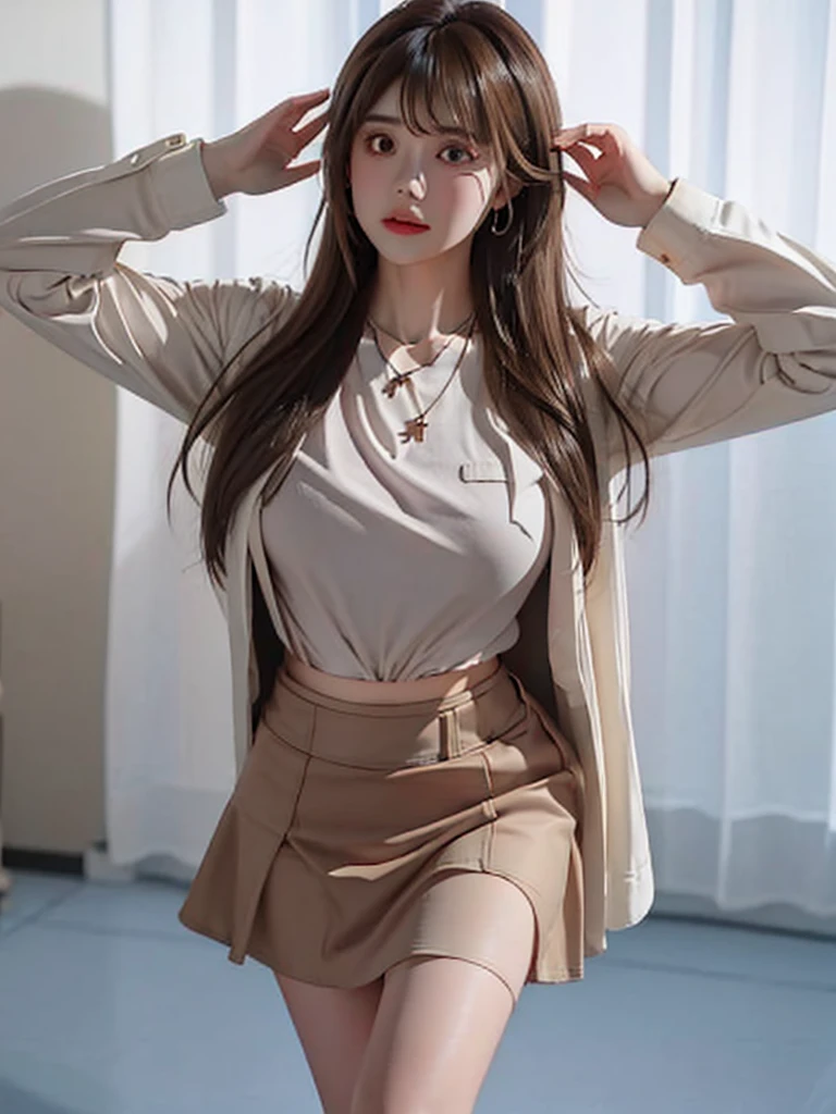 1girl, solo, long hair, looking at viewer, bangs, skirt, brown hair, shirt, long sleeves, brown eyes, jewelry, white shirt, necklace, lips, own hands together, grey skirt, long skirt