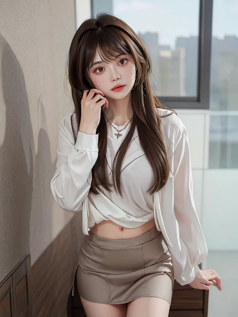 1girl, solo, long hair, looking at viewer, bangs, skirt, brown hair, shirt, long sleeves, brown eyes, jewelry, white shirt, necklace, lips, own hands together, grey skirt, long skirt