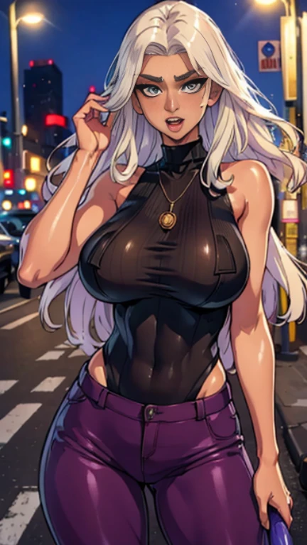 (masterpiece, best quality), beautiful woman, detailed sleeveless turtleneck top, pants, necklace, wavy hair, perfect face, beautiful face, alluring, big gorgeous eyes, open mouth, sexy look, perfect slim fit body, (outdoor), city streets, new york, bright colors, with dildo in her hand