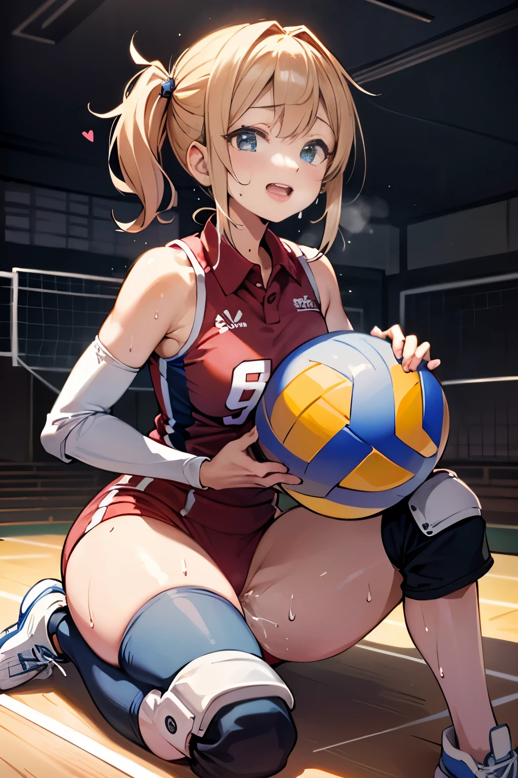 unity 8k wallpaper, anatomically correct, (((masterpiece))), (((best quality))), (((ultra detailed))), (((high-resolution))), ((Ultimate cutie)), perfect hands, perfect finger, (((good anatomy))), detailed beautiful face, shiny hair, (((gyaru))), (potbelly), (curvy), medium breasts, ((Thick thighs)), (((solo))), ((seductive smile)), (((blush))), (half open mouth), 
BREAK, (((sit astride the perfectly spherical shape 6-inch volleyball))), (((Straddling a perfectly spherical 6" volleyball))), (((Perfectly spherical 6" volleyball fits perfectly crotch))), BREAK, (((Rub the  Perfectly spherical 6" volleyball against crotch))), 
BREAK, (Collared volleyball uniforms), sleeveless, ((buruma)), ((kneepad)), (pussy juice stained), (elbow pad), (((sweat))), (((covered in sweat))), ((deep breathing)), in Volleyball Court, indoor, lighting,  looking at viewer, full body, (spoken heart)