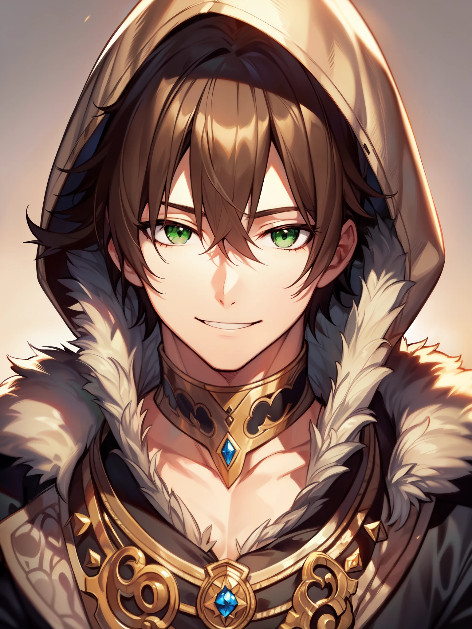 ((brown hair)), ((green eyes)), ((fair skin)), ((short hair)), ((cheerful expression)), ((beast tamer)), ((fur trim clothing)), ((fantasy clothing)), ((mature male)), ((hood over head)), ((complementary colors)), 1boy, beautifully drawn, high resolution illustration, best quality, High definition, ((detailed anime sketch)), Masterpiece, (solo), absurdres, portrait, ((upper body)), ((close-up)), ((short hair)), detailed background, fine detail, male focus, HDR,
