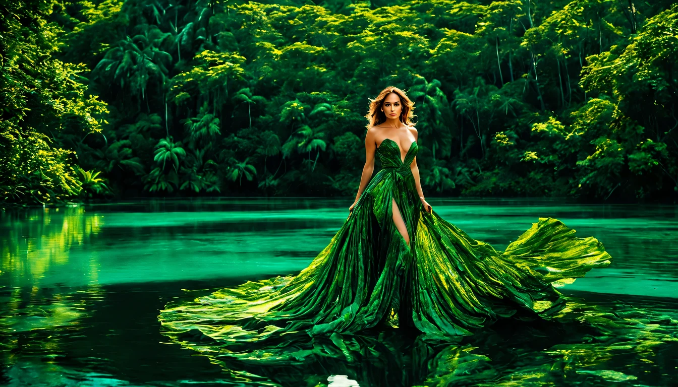 Uma linda Garota (Jennifer Lopez), (22 anos), com um vestido Verde com detalhes em preto, in the heart of the lush jungle, details in the sunlight that filtered through the dense canopy above. Beside the majestic tree, a large, serene lake reflected the vibrant foliage and blue sky above. The surface of the water rippled gently.