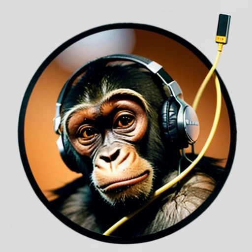 a close up of a monkey face, monkey with headphones, monkey dj, headphones are upside down, inspired by Alex Petruk APe, monkey, bored ape, face like monkey, monkeys, in style of monkeybone, in style of primal apes, ape, orange head