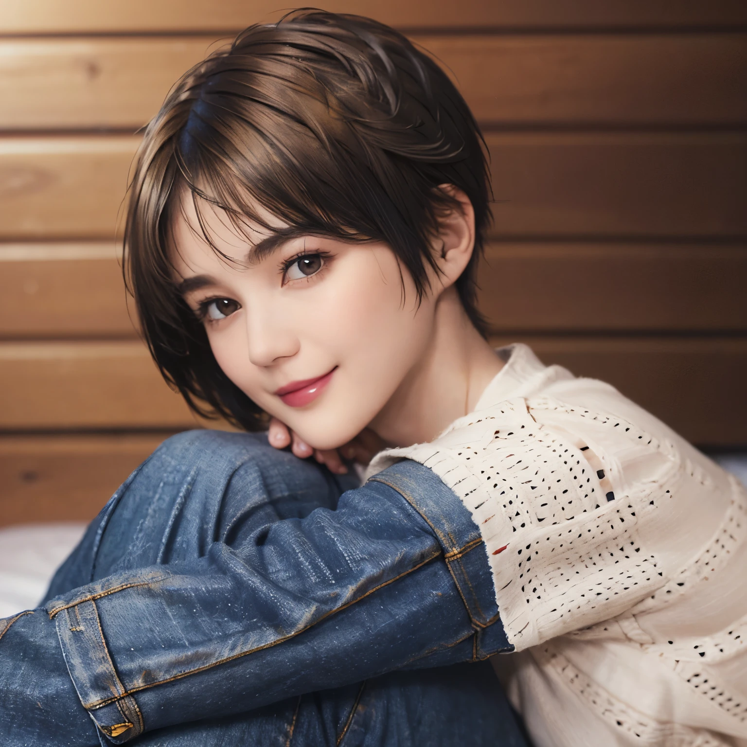 150
(20 year old woman,jeans), (Super realistic), (high resolution), ((beautiful hairstyle 46)), ((short hair:1.46)), (gentle smile), (brest:1.1), (lipstick)
