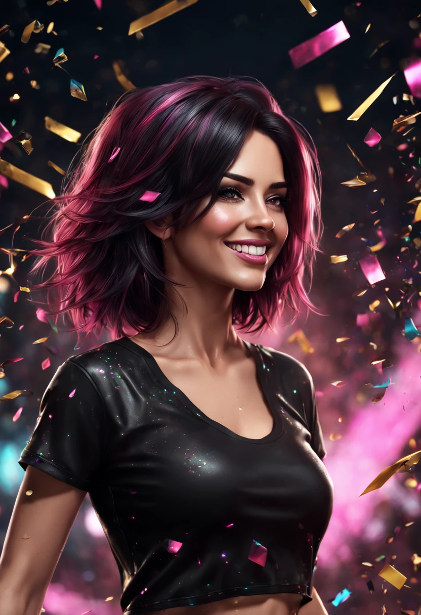 latin beautiful woman. smile. pink dark hair. cyberpunk style. brown eyes. tight black pants. tight black t-shirt. lights. confetti raining down. joyous celebrations. detailed matte painting, deep color, fantastical, intricate detail, splash screen, complementary colors, fantasy concept art, 8k resolution trending on Artstation Unreal Engine 5